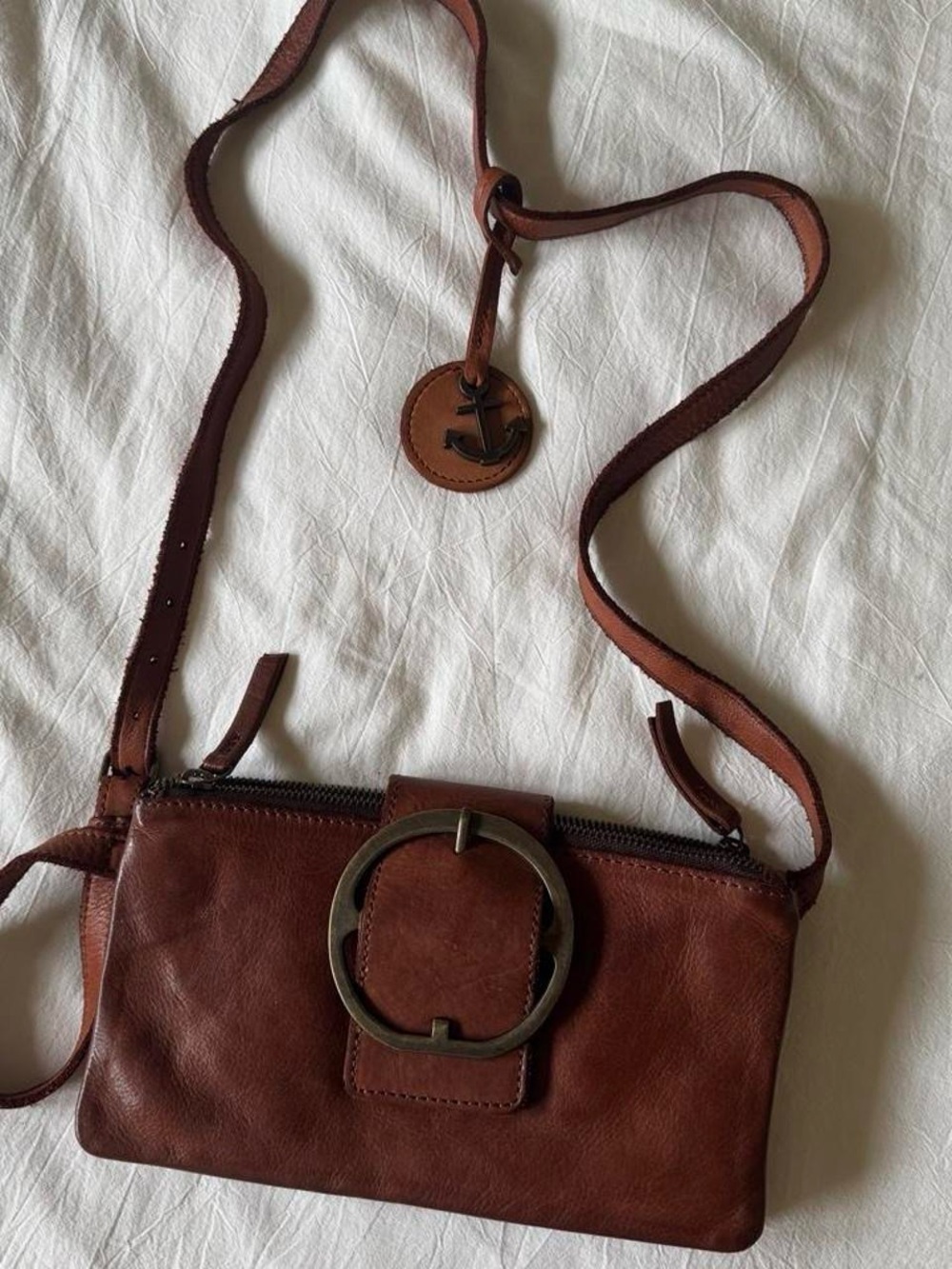 Brown Leather Crossbody Bag with Round Buckle